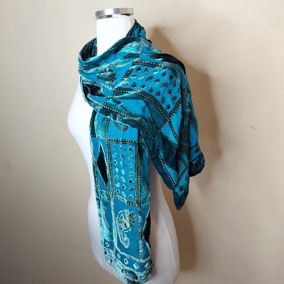 Teal Crushed Velvet Scarf Paisley Floral Geometric Sheer 58" x 9.5" - Picture 12 of 13
